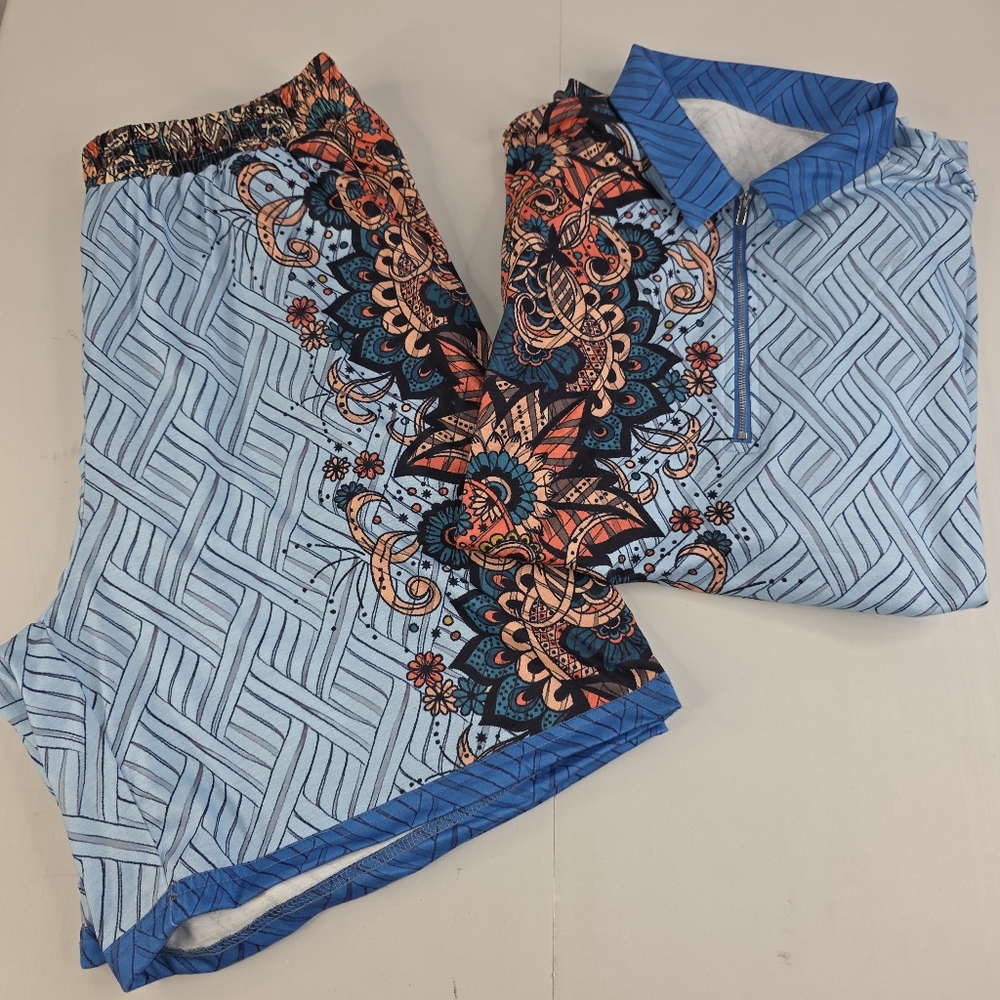 SHEIN Blue Multi-Color Floral Print T-Shirt and Shorts Set Size XL BU-1559